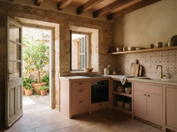 Unterschränke in gedämpftem Rosa mit Kalkstein-Arbeitsplatte und Rückwand aus Zementfliesen, eine Tür zu einem kleinen Hof mit Zitronenbaum