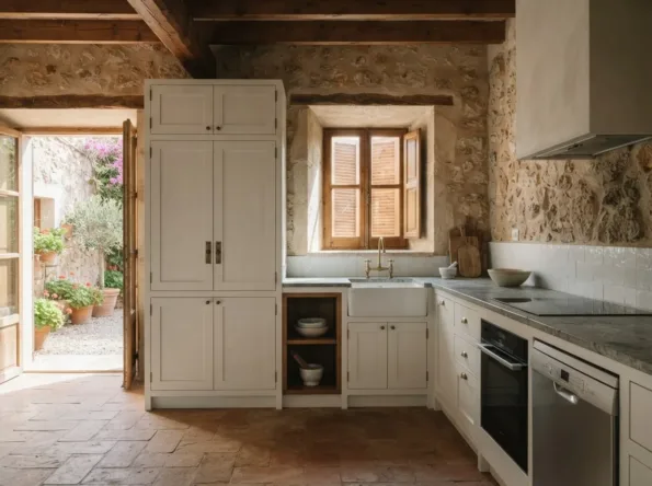 Columna despensa y muebles bajos en blanco cal con encimera de granito gris y fregadero cerámico, puerta abierta a un patio ajardinado