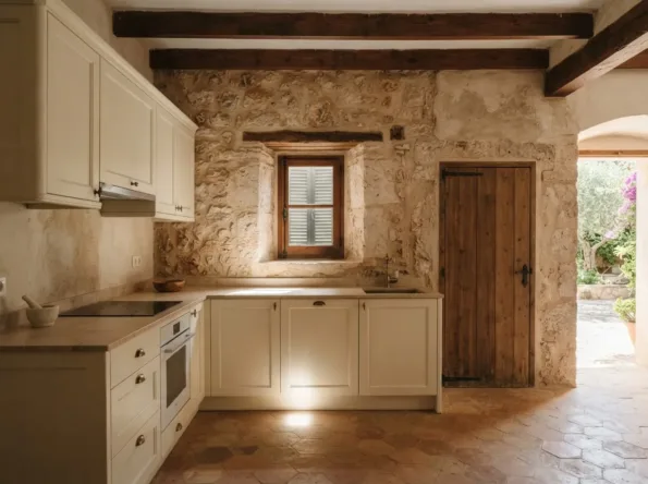 Cremefarbene Küche mit steinfarbener Keramik-Arbeitsplatte, kleinem Fenster mit Läden in einer Bruchsteinwand und geschlossener Bretttür