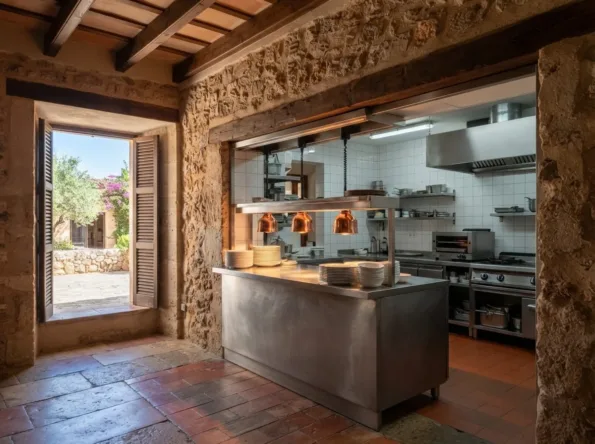 Stainless restaurant pass under copper heat lamps with stacks of white plates, seen through an opening in a stone wall