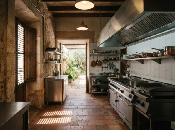 Restaurant kitchen with a stainless line under a steel canopy, copper pans on shelves and bars of sun on a tile floor