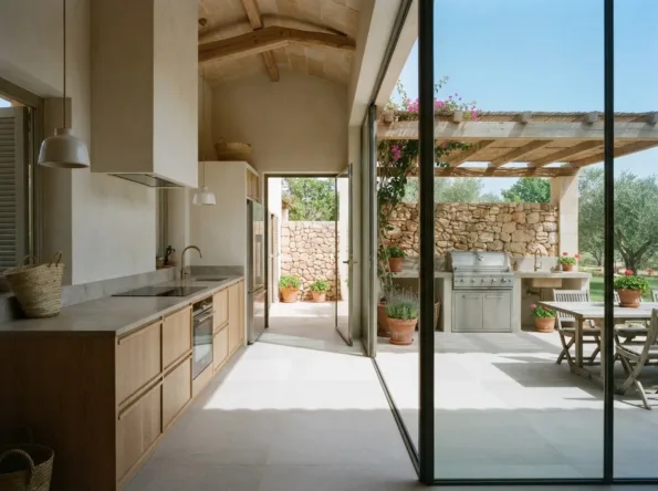 Eichenküche mit einer grauen Stein-Arbeitsplatte, gesehen durch eine Glaswand, und draußen eine gemauerte Terrassenküche mit Grill und Tisch