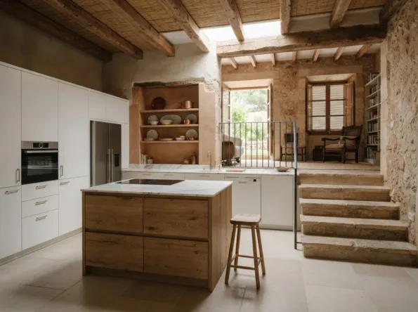 White and oak kitchen with a marble island, stone steps rising to a sitting area on the half level above