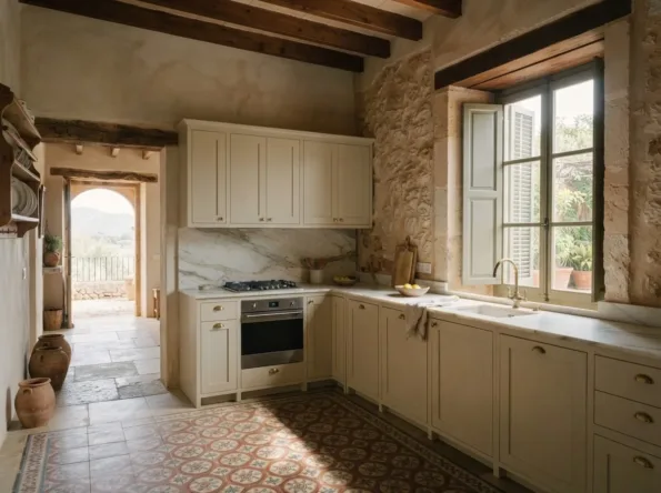 Pale sand painted kitchen with a marble splashback, a patterned tile floor kept in the middle of the room, a tall window