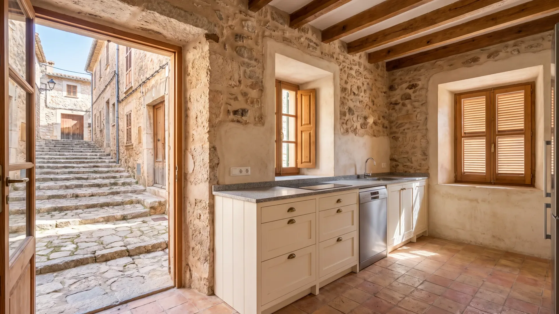 Cocina de casa de pueblo en piedra con muebles blanco cálido y una encimera de granito, una puerta abierta a una calle empinada y escalonada