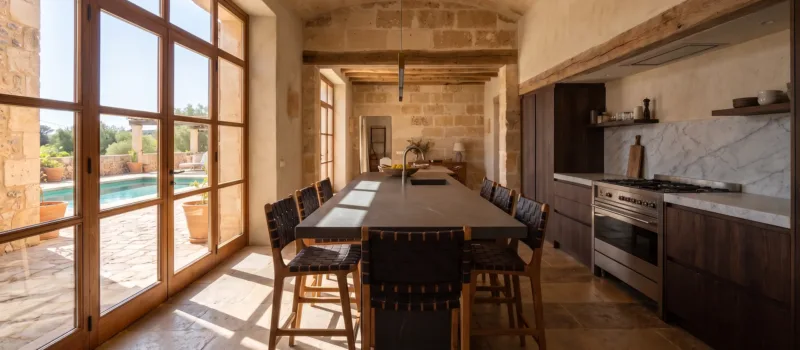 Cocina larga abovedada con una isla de piedra oscura a modo de mesa y muebles de nogal, un fogón y acristalamiento a una terraza con piscina