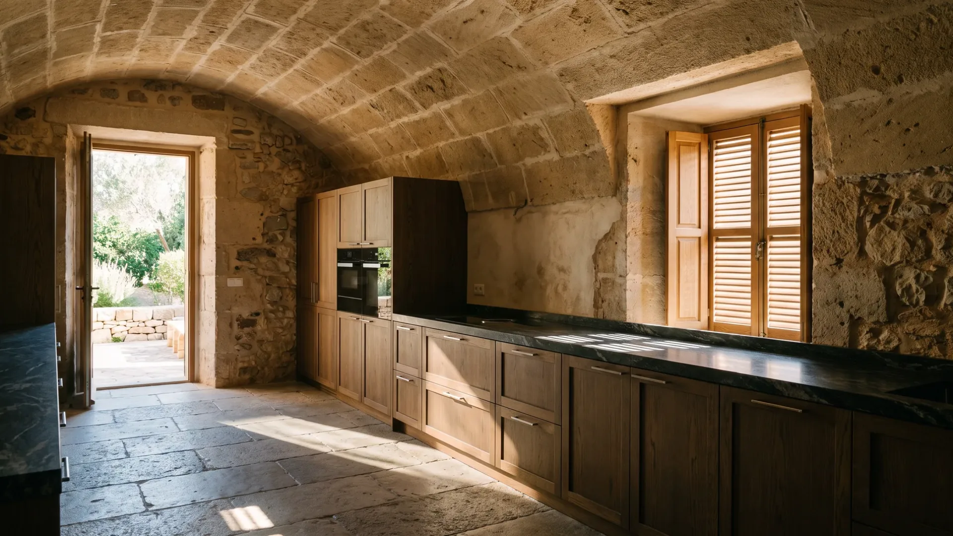 Gewölbte Sandsteinküche mit Eichenmöbeln und dunkler Stein-Arbeitsplatte, ein Fenster mit Fensterläden und eine offene Tür zum Garten