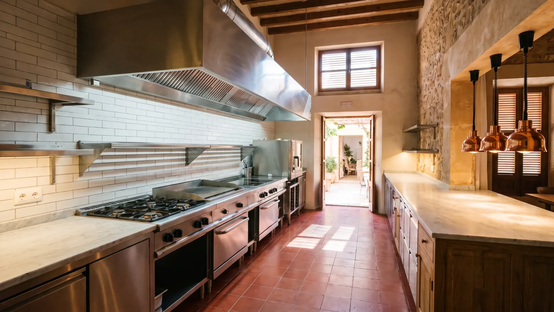 Restaurant kitchen with a stainless steel cooking line under an extraction canopy, marble counters and a terracotta floor
