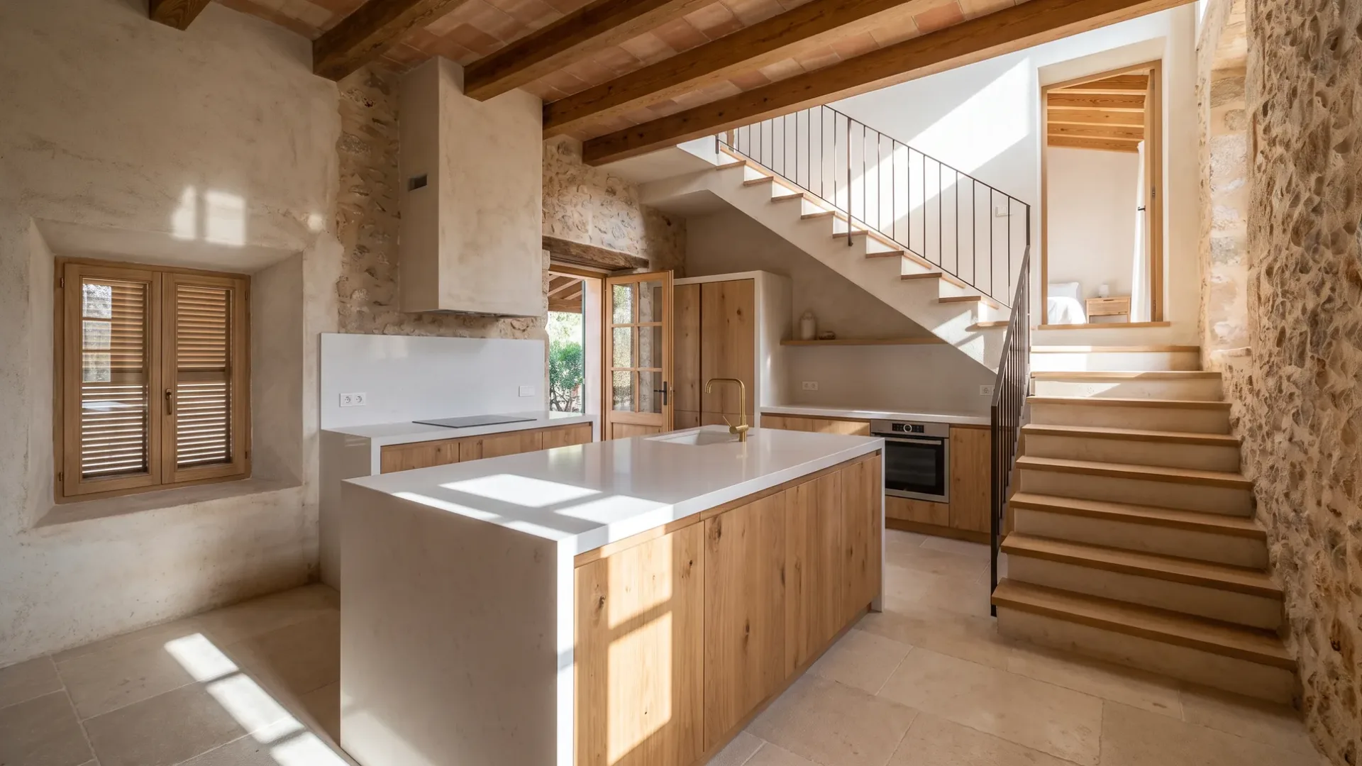 Villa kitchen with an oak and white stone island beside a stone staircase, shuttered windows and pale limestone floors