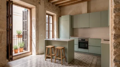 Wohnungsküche mit salbeigrün lackierten Schränken und einer kleinen Kücheninsel mit zwei Hockern, gemusterter Boden und eine Balkontür