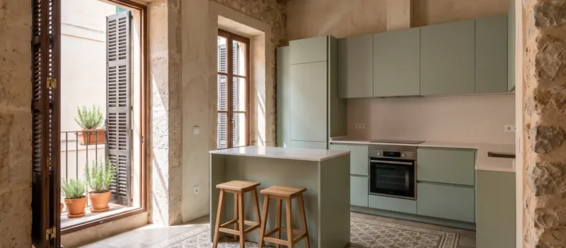Cocina de piso con muebles lacados en verde salvia y una pequeña isla con dos taburetes, suelo estampado y una puerta de balcón