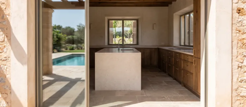 Cocina de villa con isla de piedra caliza y muebles de nogal, vista a través de puertas de cristal abiertas desde una terraza con piscina