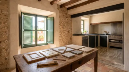 Mesa de castaño con muestras de frentes, muestras de piedra y un metro plegable, al fondo una cocina con fogón y encimeras oscuras