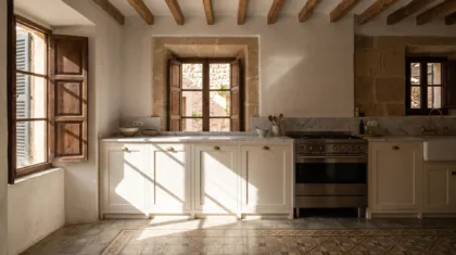 Cocina de casa de pueblo con mobiliario blanco cálido, encimera de mármol y un fogón, techo con vigas y suelo de baldosas