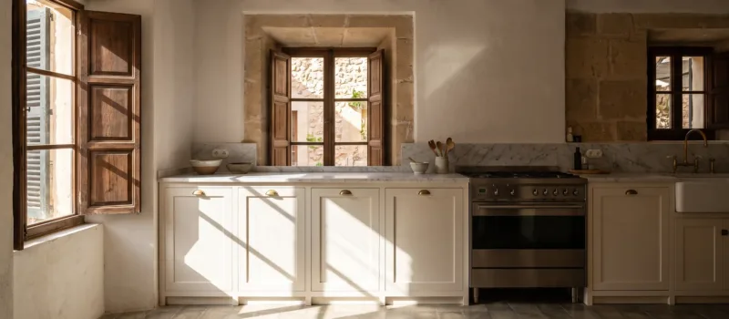 Cocina de casa de pueblo con mobiliario blanco cálido, encimera de mármol y un fogón, techo con vigas y suelo de baldosas