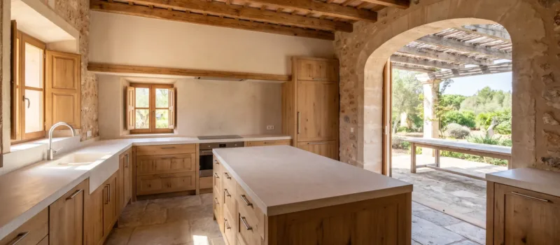 Cocina de roble con una isla amplia y pasillos despejados, suelo de piedra y un hueco en arco a una terraza bajo una pérgola