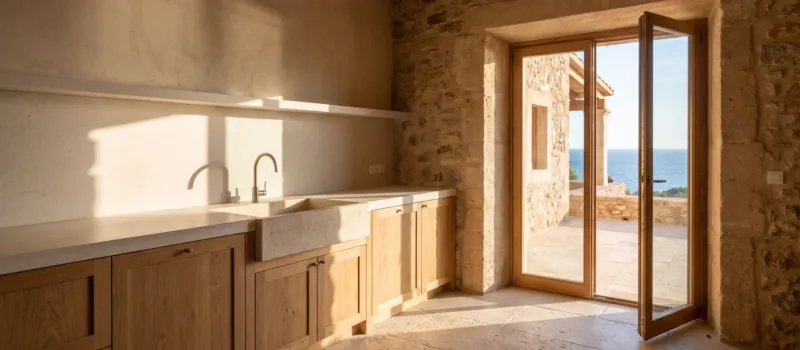 Cocina con muebles bajos de roble, encimera de piedra clara y fregadero de piedra, puertas de cristal abiertas a una terraza y el mar