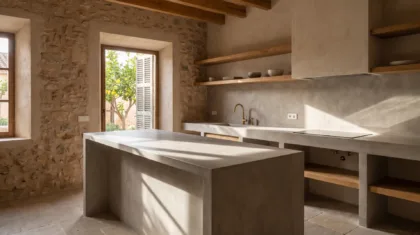 Mikrozement-Küche mit Insel, Arbeitsplatte und Rückwand aus einer durchgehenden warmgrauen Fläche, Eichenregale und ein Fenster zum Garten