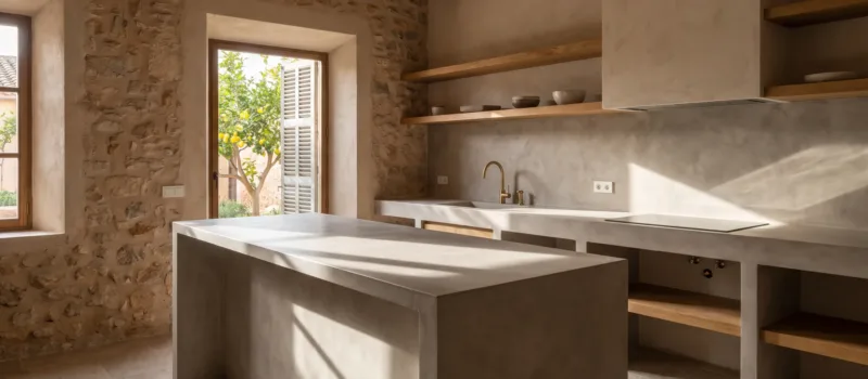 Cocina de microcemento con isla, encimera y frontal en una única superficie gris cálido, estantes de roble y una ventana al jardín