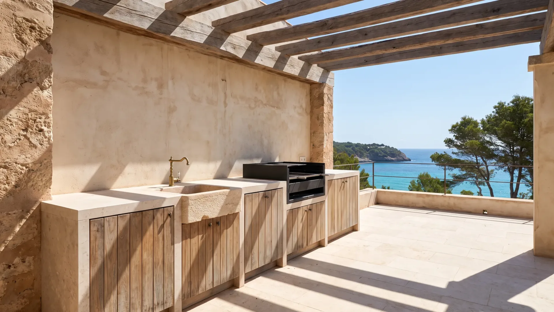 Außenküche aus Sandstein und verwittertem Holz unter einer Pergola mit einer Steinspüle und integriertem Grill, dahinter das Meer
