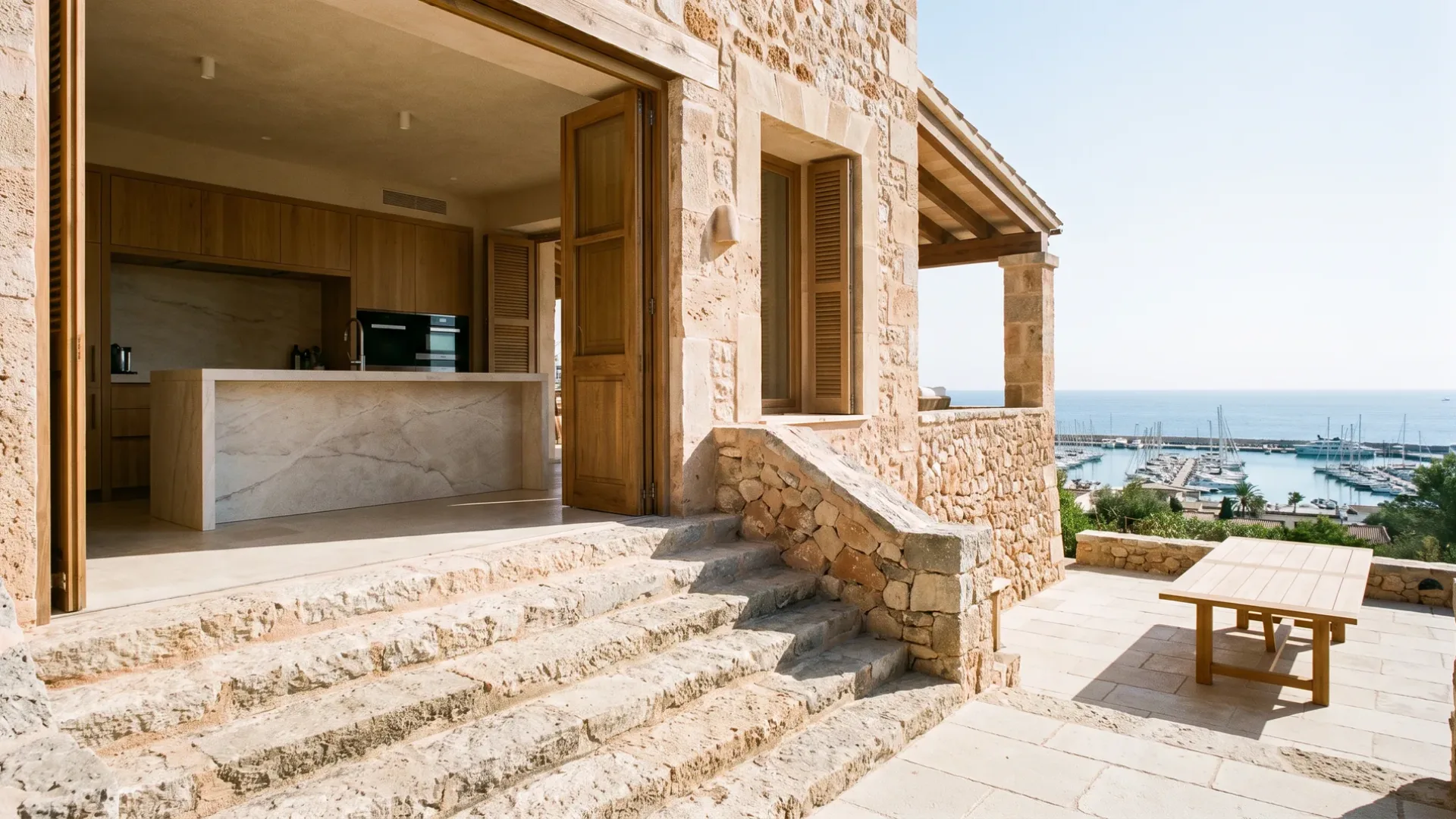 Cocina de roble con isla de mármol tras puertas abiertas sobre un tramo de escalones de piedra, mesa de terraza sobre un puerto deportivo