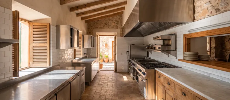 Cocina de restaurante con línea de acero bajo campana de acero, paredes de azulejos blancos, encimera de mármol de preparación y trampilla