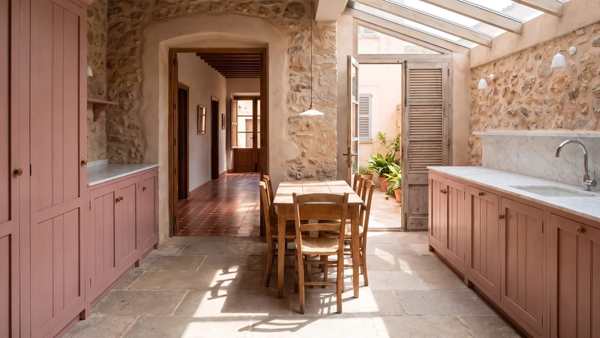 Lange Küche mit Küchenmöbeln in gedämpftem Rosa und einer Marmor-Arbeitsplatte, ein Tisch unter einem Glasdach und Türen zu einem Innenhof