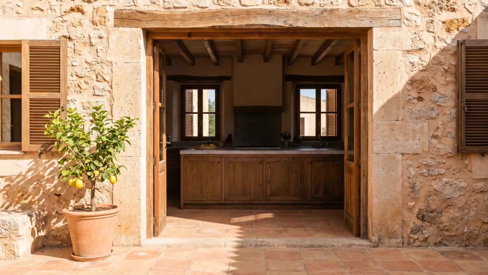Finca-Küche mit Eichenmöbeln, gesehen durch eine offene Tür in einer honigfarbenen Sandsteinmauer, draußen ein Zitronenbaum im Topf
