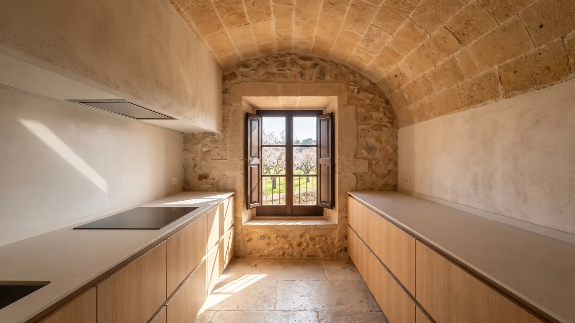 Gewölbter Finca-Raum aus Sandstein mit moderner Eichenküche an zwei Seiten und heller Arbeitsplatte, ein Fenster zu Mandelbäumen