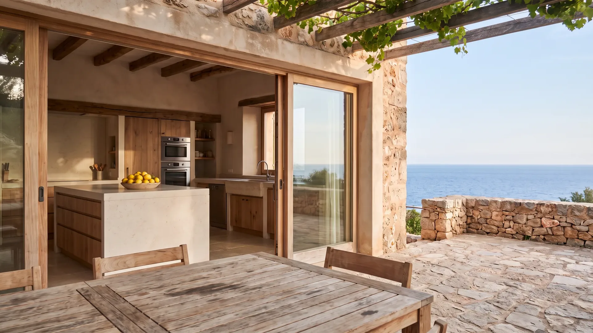 Villa-Küche, gesehen von einem Terrassentisch durch offene Glasschiebetüren, eine Steininsel mit Zitronen und dem Meer hinter einer Mauer