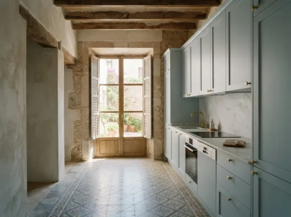 Lange, hell blaugraue Küche mit Marmor-Arbeitsplatte, blauem Zementfliesenboden und hohen Türen mit Fensterläden zu einem Patio