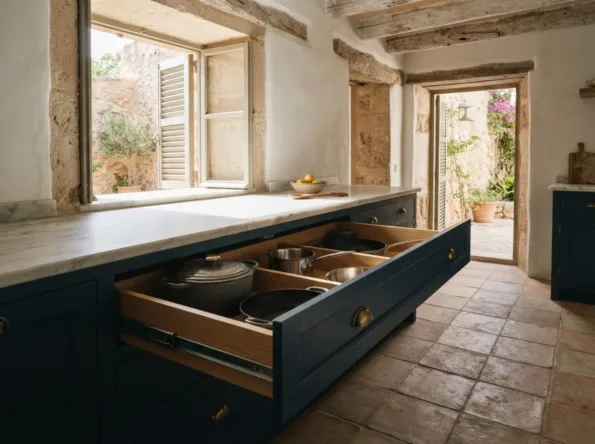 Deep ink blue pan drawer pulled open with pots held in oak dividers, a marble worktop above and a terracotta floor