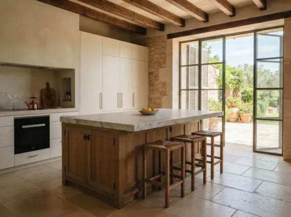 Oak island under a thick white marble slab with three rush stools, cream tall units and a glazed wall to a garden
