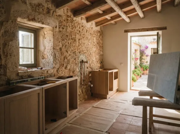 Finca-Küche im Einbau: Eichen-Korpusse entlang einer Bruchsteinwand, ein Kupferrohr und eine Marmorplatte auf einem gepolsterten Bock