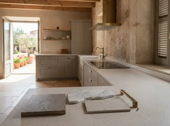 Muster aus Eiche, Marmor und Terrazzo mit einem Messinggriff auf einer hellen Arbeitsplatte, dahinter eine warmgrau gestrichene Küche