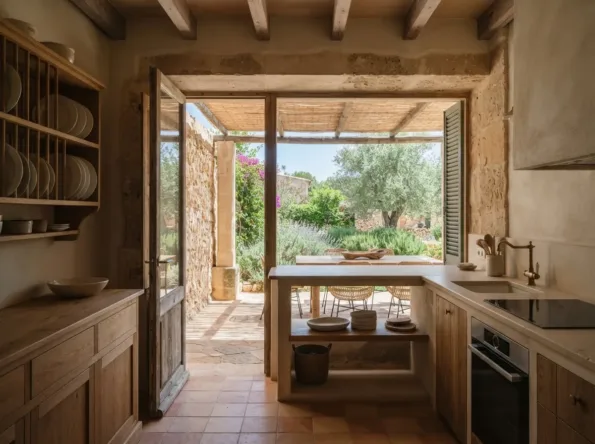 Eichenküche mit einem Tellerregal neben einer breiten Tür zu einer Terrasse, eine Arbeitsfläche unter dem Fenster und ein Tisch im Schatten
