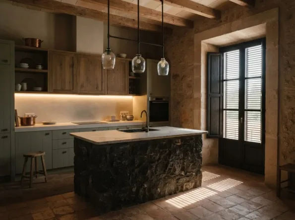 Three glass pendants over a dark stone island, warm light under the wall units and thin bars of daylight through shutters