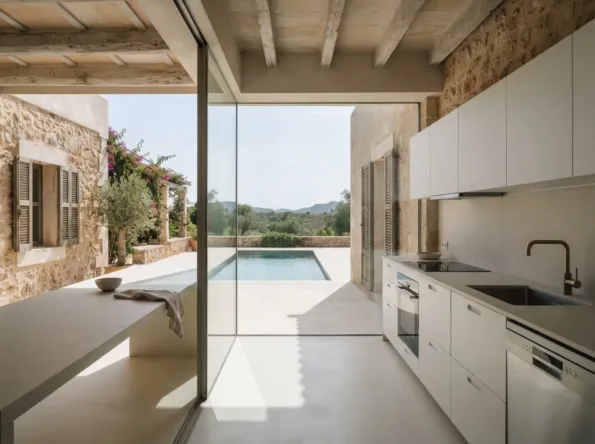 Küche mit weißen glatten Fronten und einer hellen Keramik-Arbeitsplatte, die durch eine rahmenlose Glaswand zu Terrasse und Pool weiterläuft