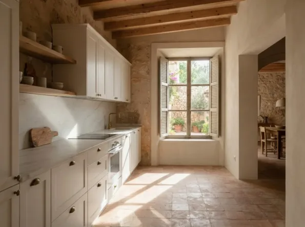 Warmweiß gestrichene Küche mit einer Marmor-Rückwand, ein hohes Fenster mit Fensterläden beleuchtet einen Terrakottaboden
