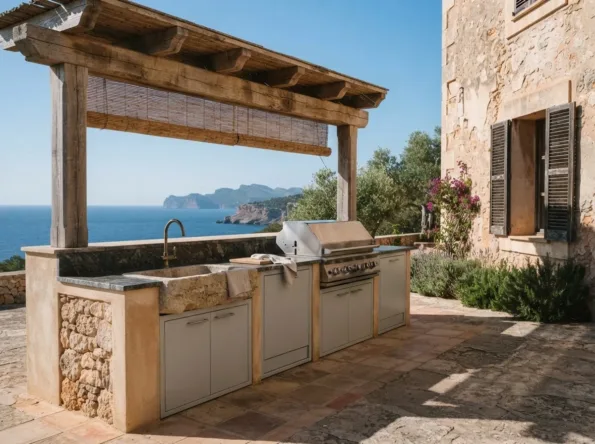 Gemauerte Außenküche mit grauen Türen, einer Steinspüle und einem Grill unter einer Holzpergola, dahinter das Meer und eine Landzunge