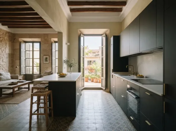 Küchenzeile und Kücheninsel mit glatten Fronten in Anthrazit und Binsenhockern auf einem Zementfliesenboden, offen zu Wohnzimmer und Balkon