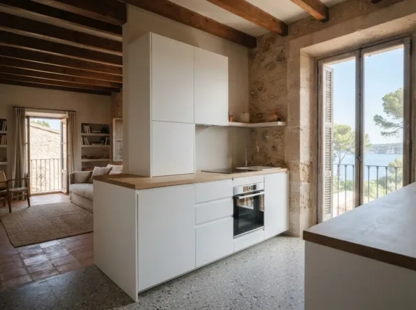 Weiße Halbinsel mit glatten Fronten und Arbeitsplatte aus hellem Eichenholz auf Terrazzoboden, ein Wohnzimmer und ein Balkon über der Bucht