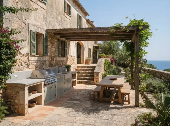 Cocina exterior de piedra arenisca con puertas verde grisáceo en una terraza inferior, larga mesa bajo una pérgola y escalones hacia la casa