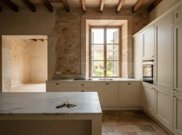 Cremefarbene Küche mit weißer Marmor-Arbeitsplatte und Hausschlüsseln darauf, dahinter ein leerer Raum mit kahlen Wänden