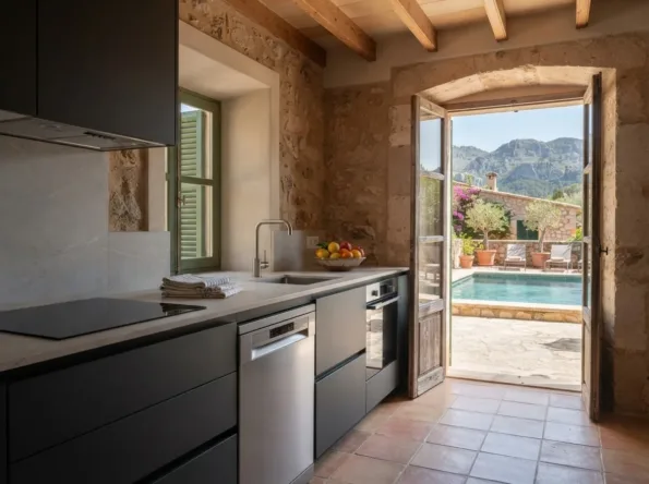 Dunkle matte Küche mit heller Keramik-Arbeitsplatte, gefalteten Geschirrtüchern und einer Obstschale, eine Tür zu einer Terrasse mit Pool
