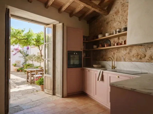 Küche in gedämpftem Rosa mit Backofen aus schwarzem Glas, Marmor-Arbeitsplatte und Kupfertöpfen auf Regalen, Türen zu Hof unter Weinranke