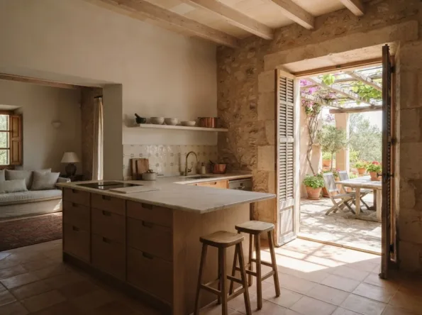 Eichen-Kücheninsel mit tiefen Schubladen und zwei Hockern, ein Wohnzimmer durch eine Öffnung sichtbar, Tür zu einer Terrasse unter Pergola