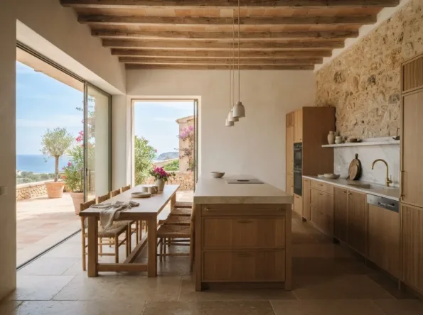 Eichenküche mit einer Kücheninsel und einem langen Tisch, eine offene Glasschiebewand zu einer Terrasse mit dem Meer dahinter